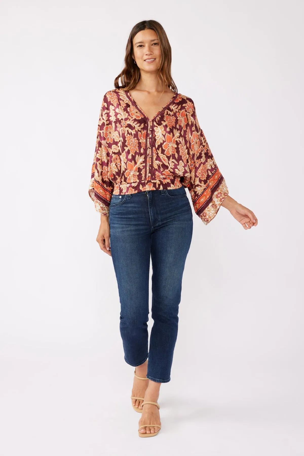 Abigail Kimono Sleeve Floral Print Top Burgundy