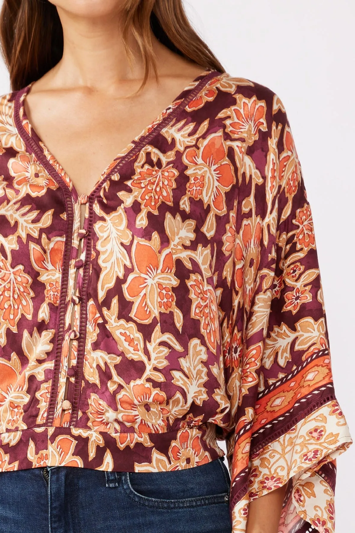 Abigail Kimono Sleeve Floral Print Top Burgundy