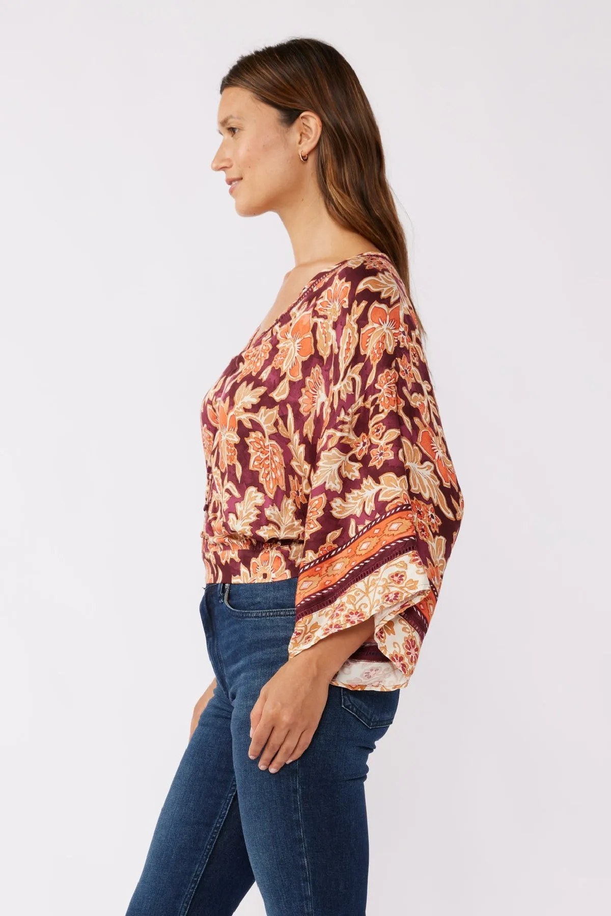 Abigail Kimono Sleeve Floral Print Top Burgundy