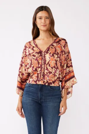 Abigail Kimono Sleeve Floral Print Top Burgundy