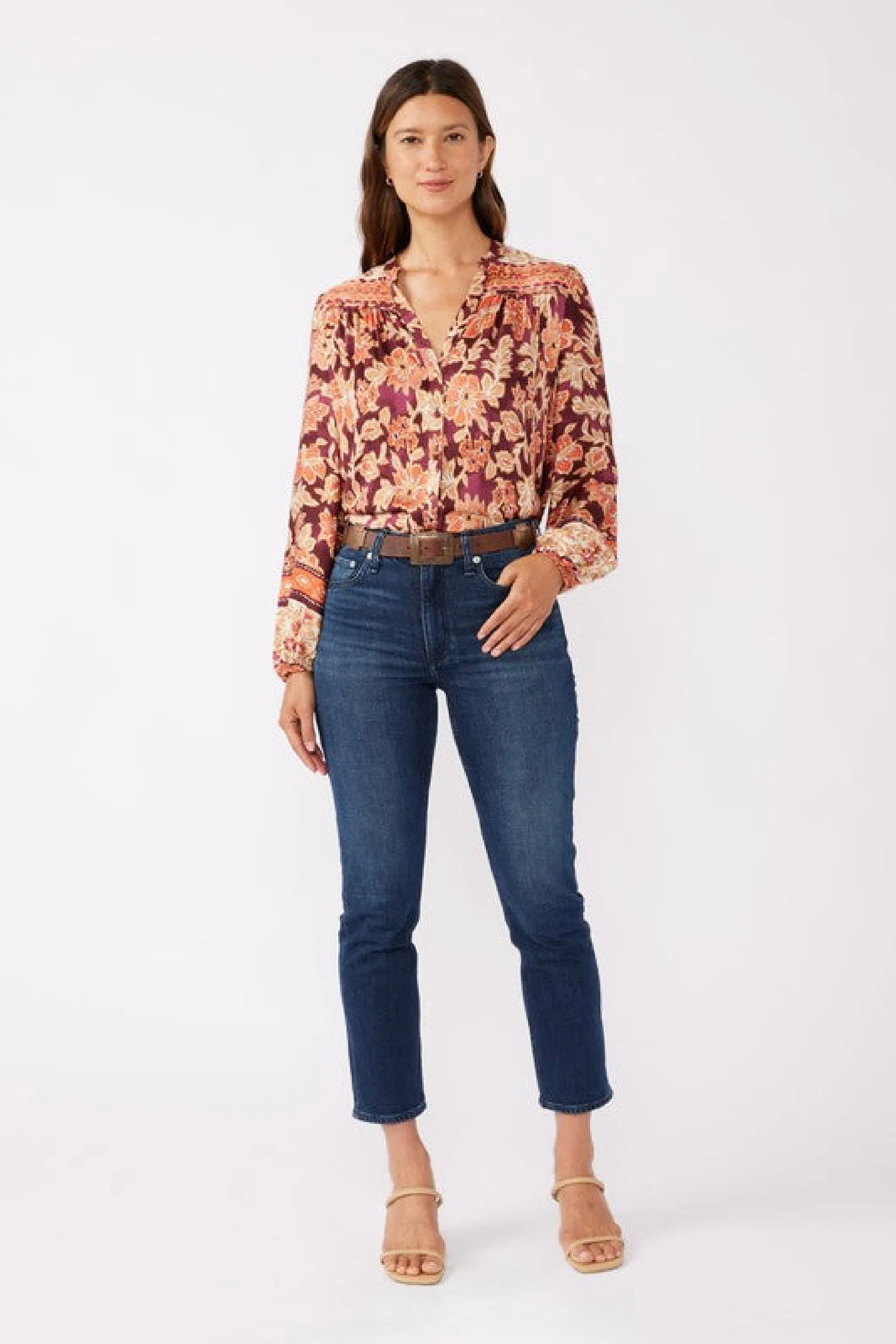 Angie Long Sleeve Button Down Floral Print Top Burgundy