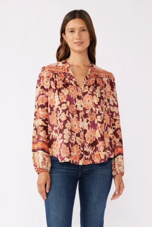 Angie Long Sleeve Button Down Floral Print Top Burgundy