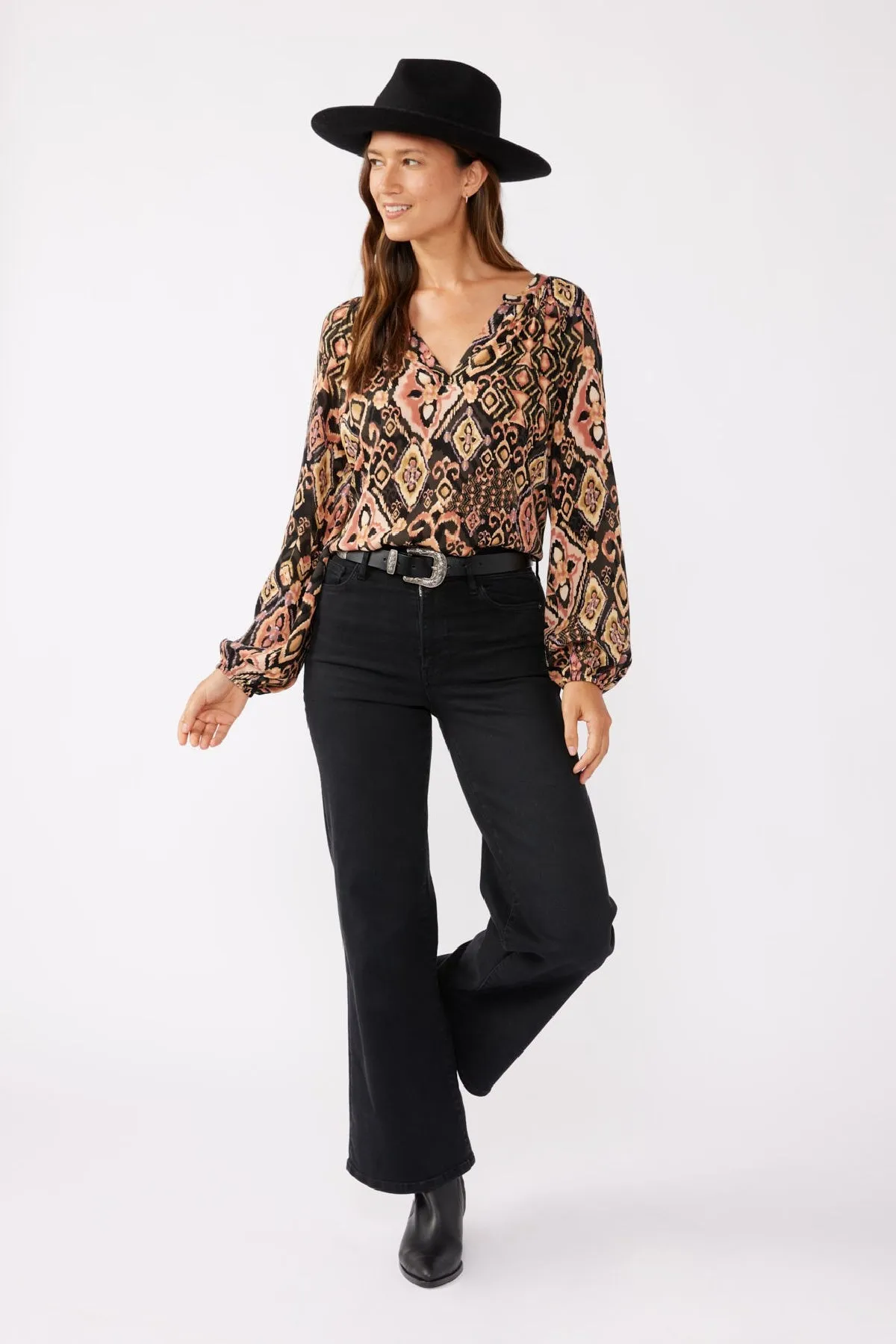 Autumn Long Sleeve Abstract Print Top Black