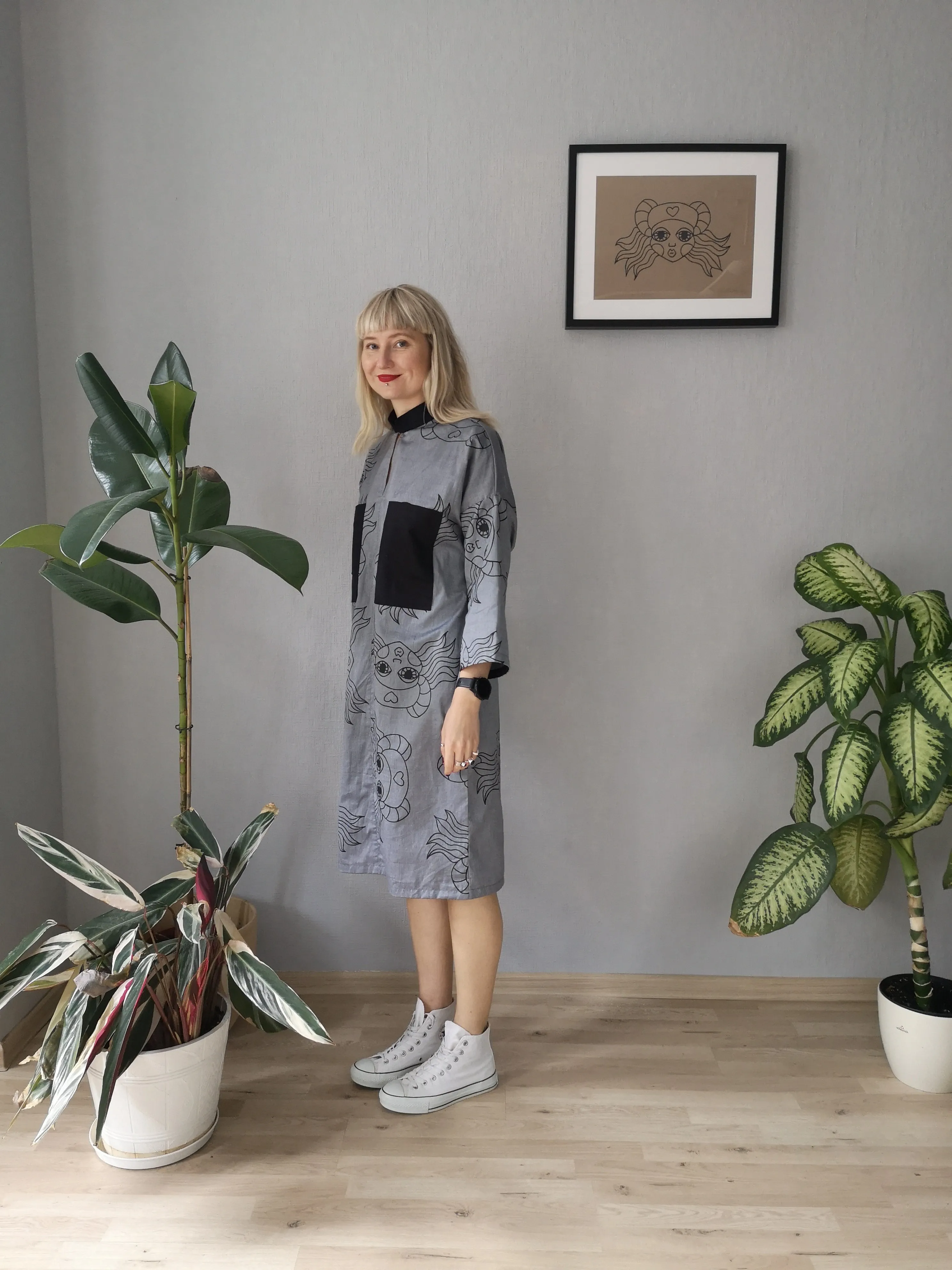 Beautiful, Comfortable, Versatile Oversized Shirt Dress "Bell Hooks" made in Grey Lāčplēsene patterned Cotton fabric. 