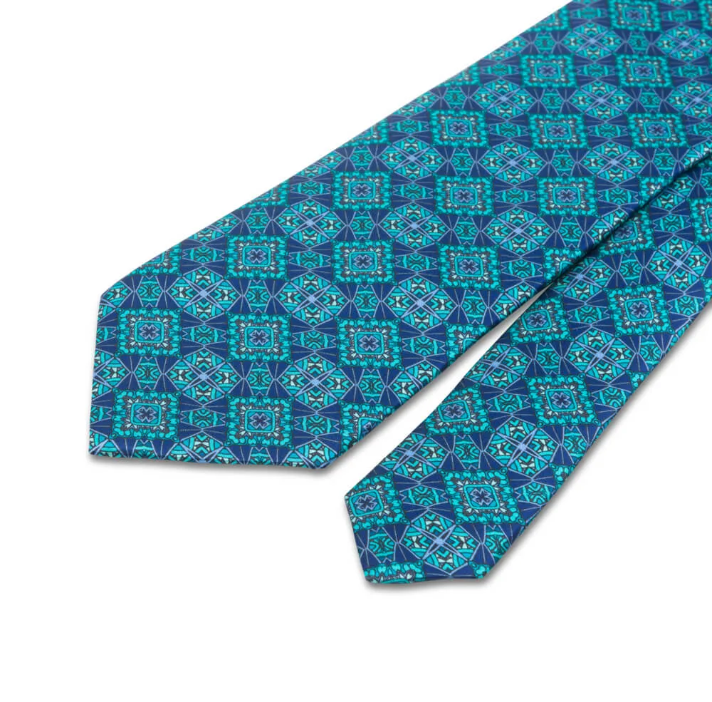 Blue and Teal Medieval Art Duchesse Silk Tie