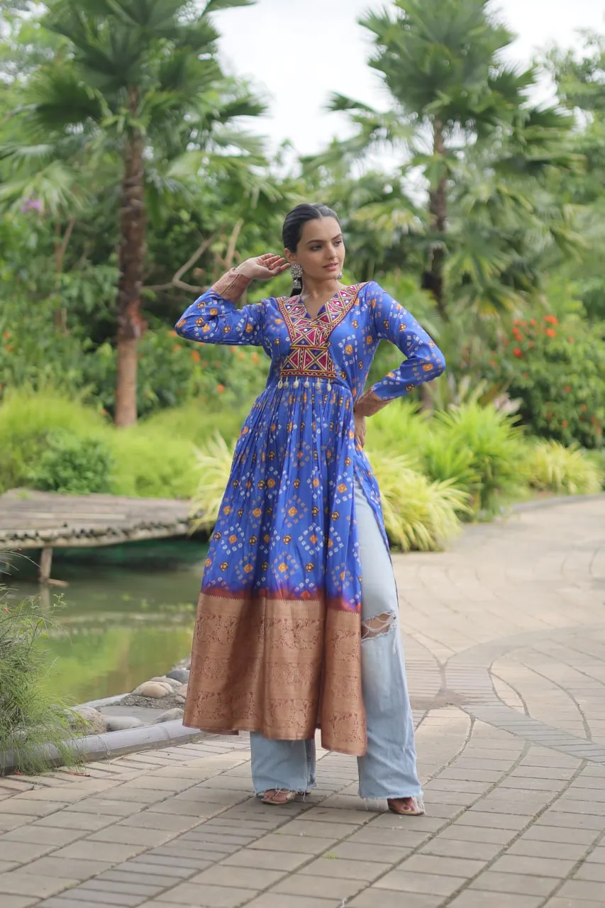 Blue Designer Printed Kurti in Heavy Cotton with Kutchi Gamthi Lace and Kodi Work