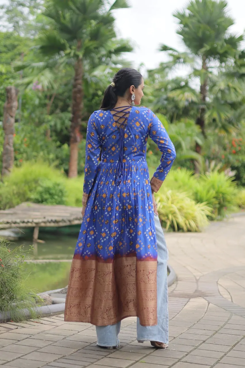 Blue Designer Printed Kurti in Heavy Cotton with Kutchi Gamthi Lace and Kodi Work