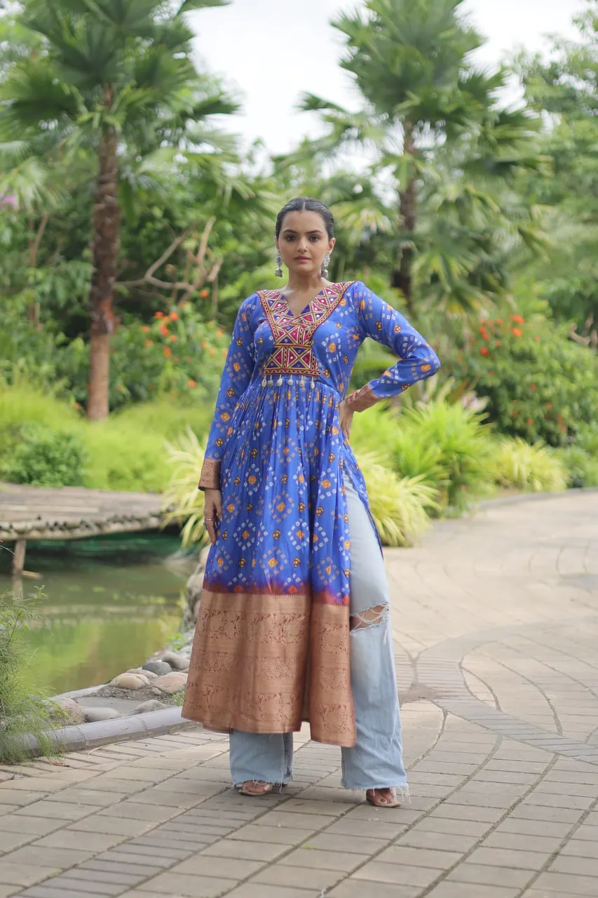 Blue Designer Printed Kurti in Heavy Cotton with Kutchi Gamthi Lace and Kodi Work