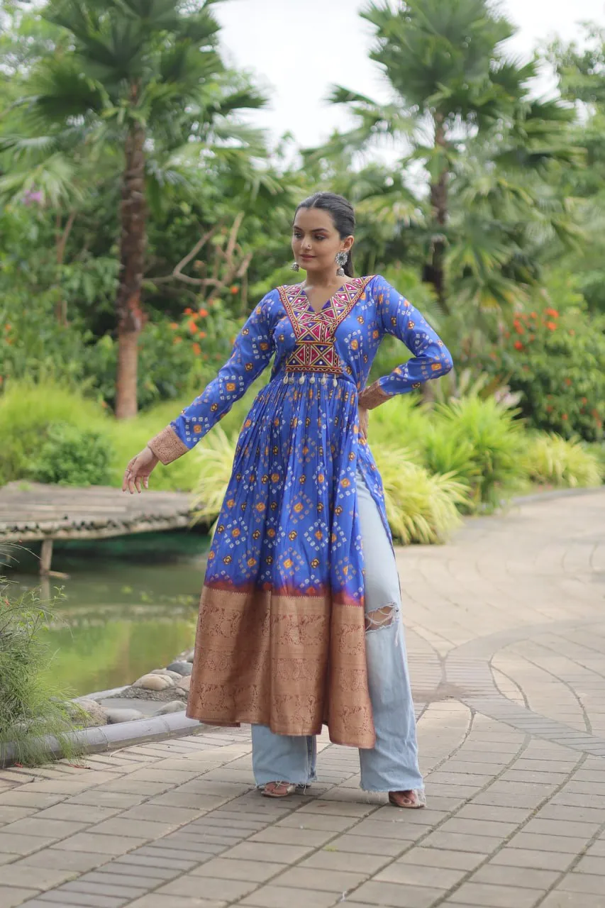 Blue Designer Printed Kurti in Heavy Cotton with Kutchi Gamthi Lace and Kodi Work