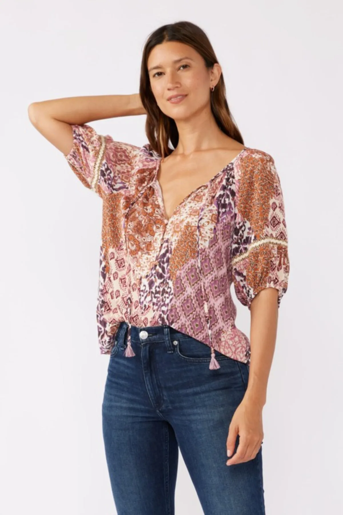 Brenda Puff Sleeve Abstract Print Top Mauve