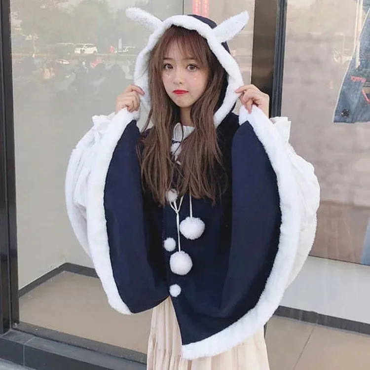 Bunny Ears Delight: Three Quarter Sleeve Cloak Coat - Soft Cotton Hug for a Magical Look! 🌈🧥