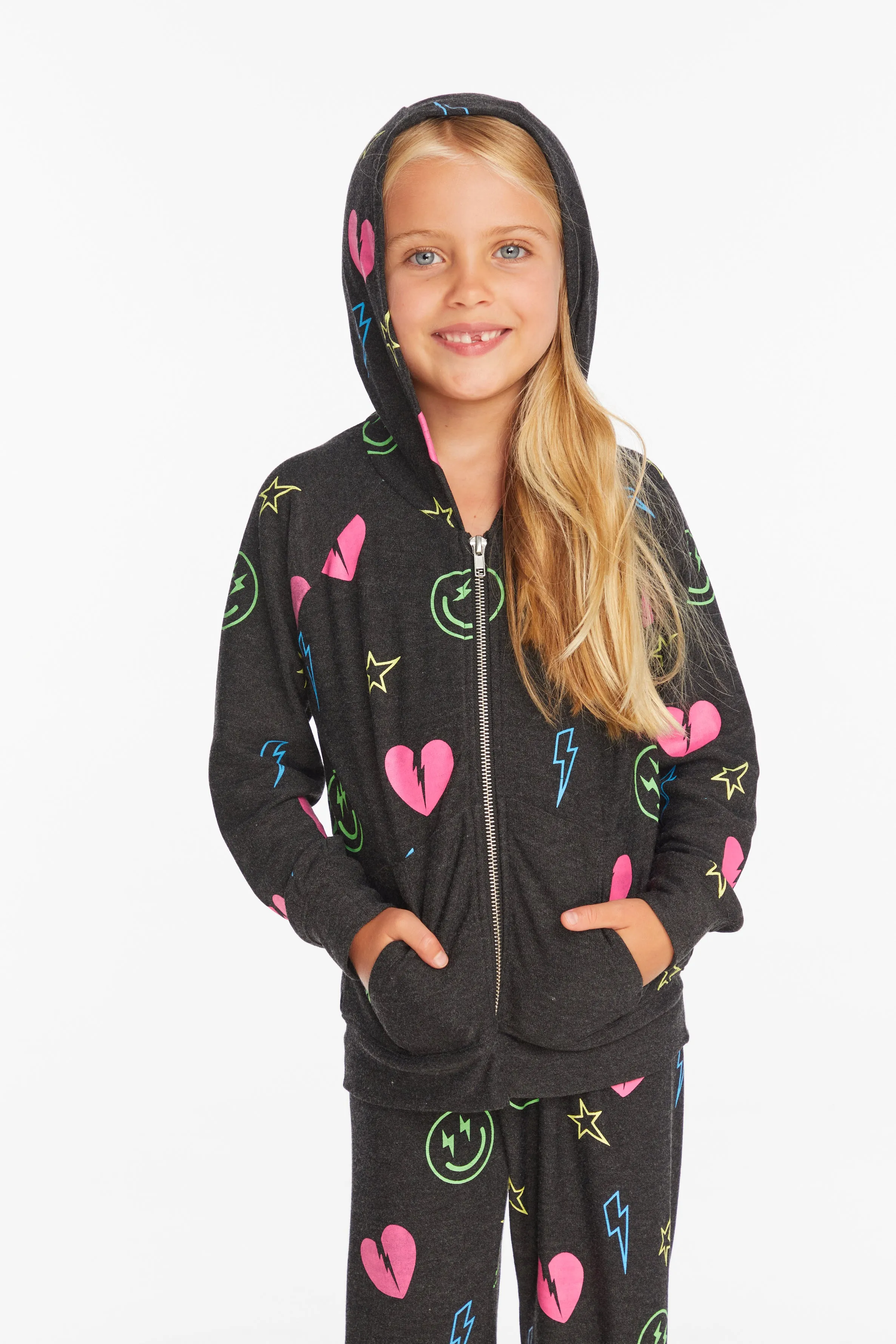 Chaser Neon Heart & Smiles Girls Zip-up Hoodie