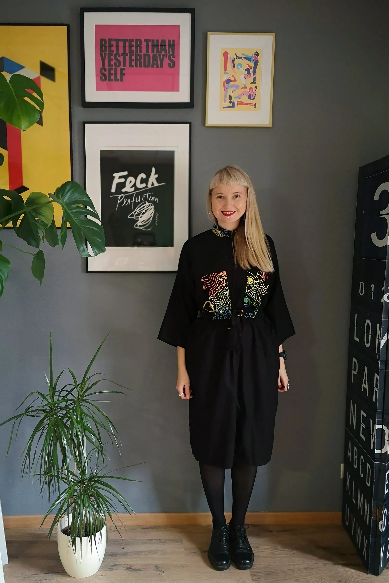 Cool, Comfortable, Versatile Simple Cut Oversized Shirt Dress "Bell Hooks" made in Black Linen Blend fabric with Rainbow  Lāčplēsene patterned Linen details. 