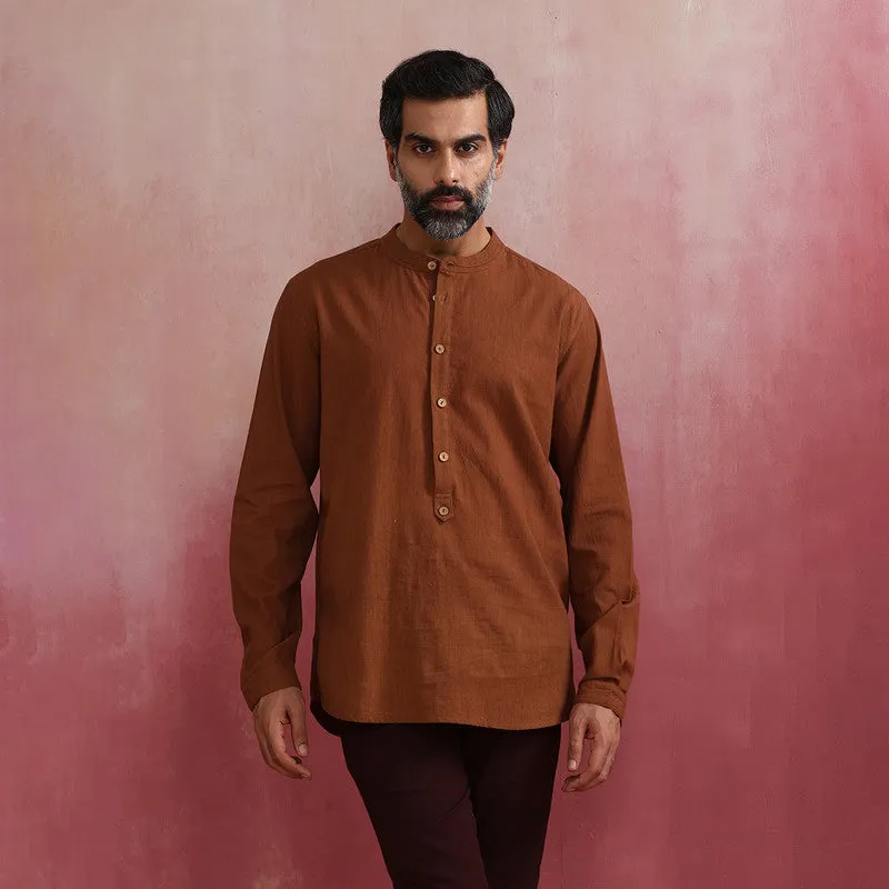 Cotton Brown Kurta for Men | Mandarin Collar