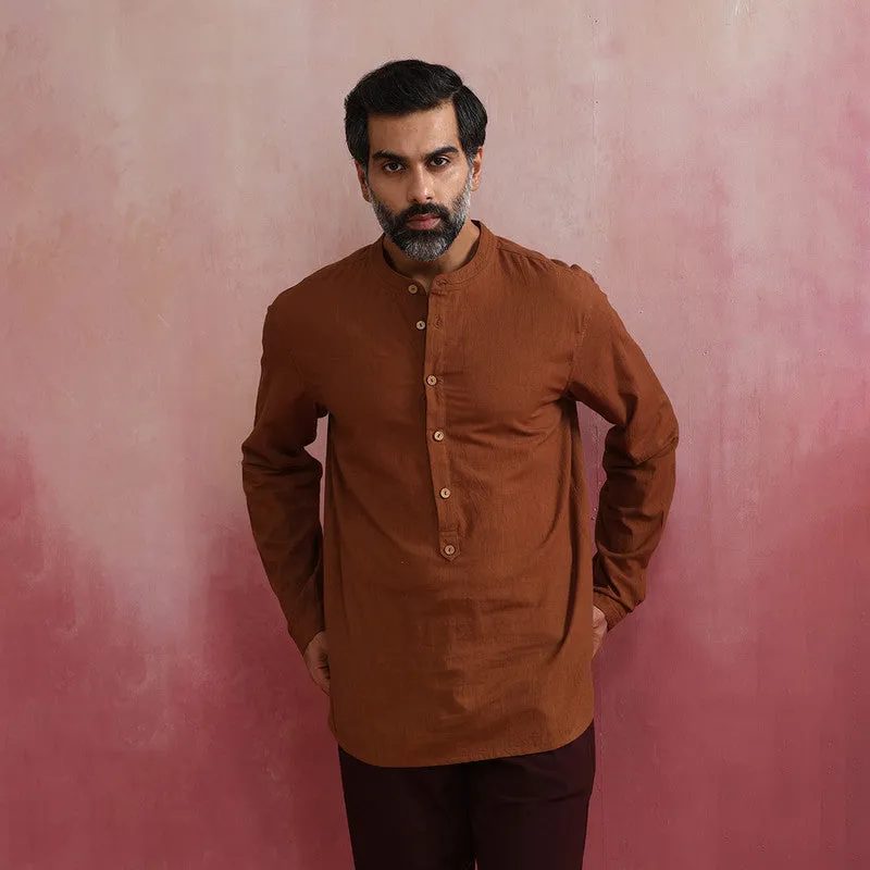 Cotton Brown Kurta for Men | Mandarin Collar