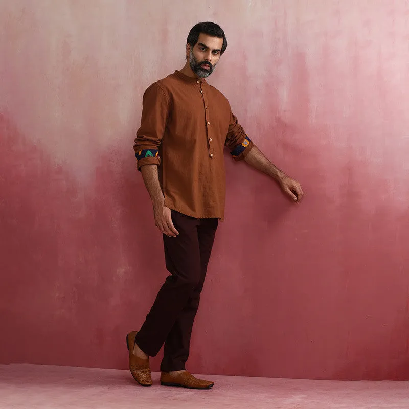 Cotton Brown Kurta for Men | Mandarin Collar