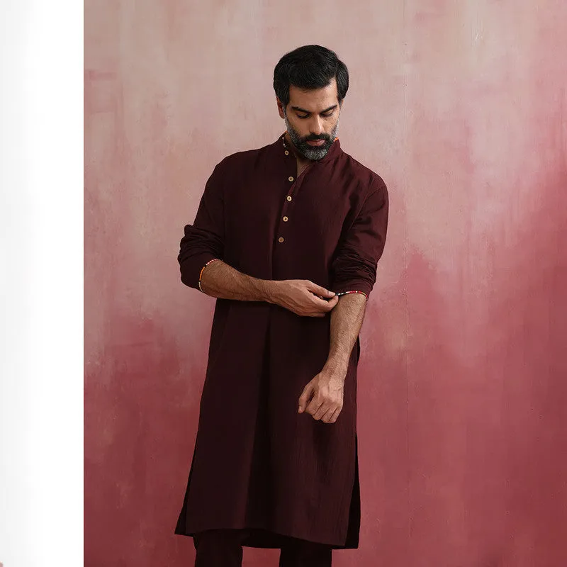 Cotton Long Kurta for Men | Cola Brown | Mandarin Collar