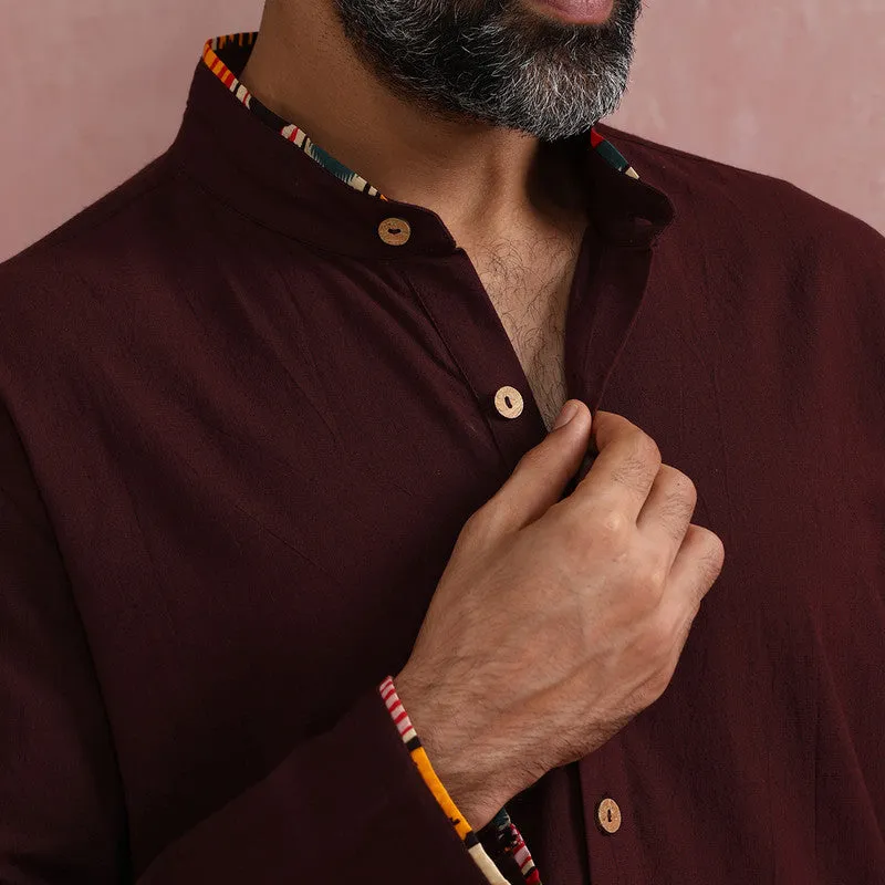 Cotton Long Kurta for Men | Cola Brown | Mandarin Collar