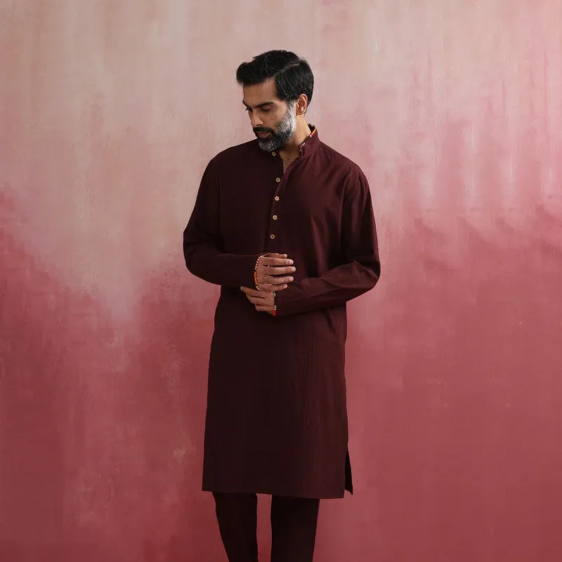 Cotton Long Kurta for Men | Cola Brown | Mandarin Collar