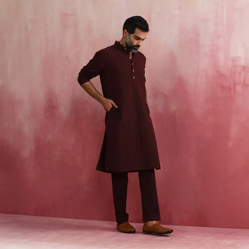 Cotton Long Kurta for Men | Cola Brown | Mandarin Collar