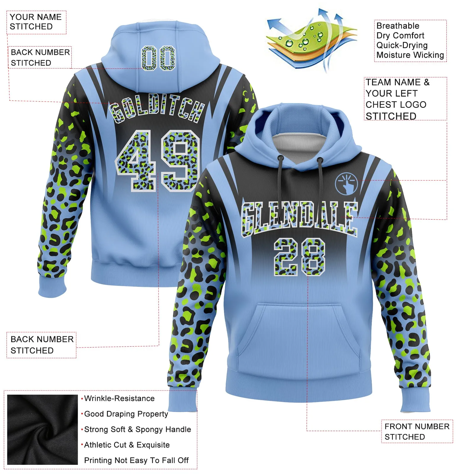 Custom Stitched Black Light Blue-Neon Green Fade Fashion Leopard Print Sports Pullover Sweatshirt Hoodie