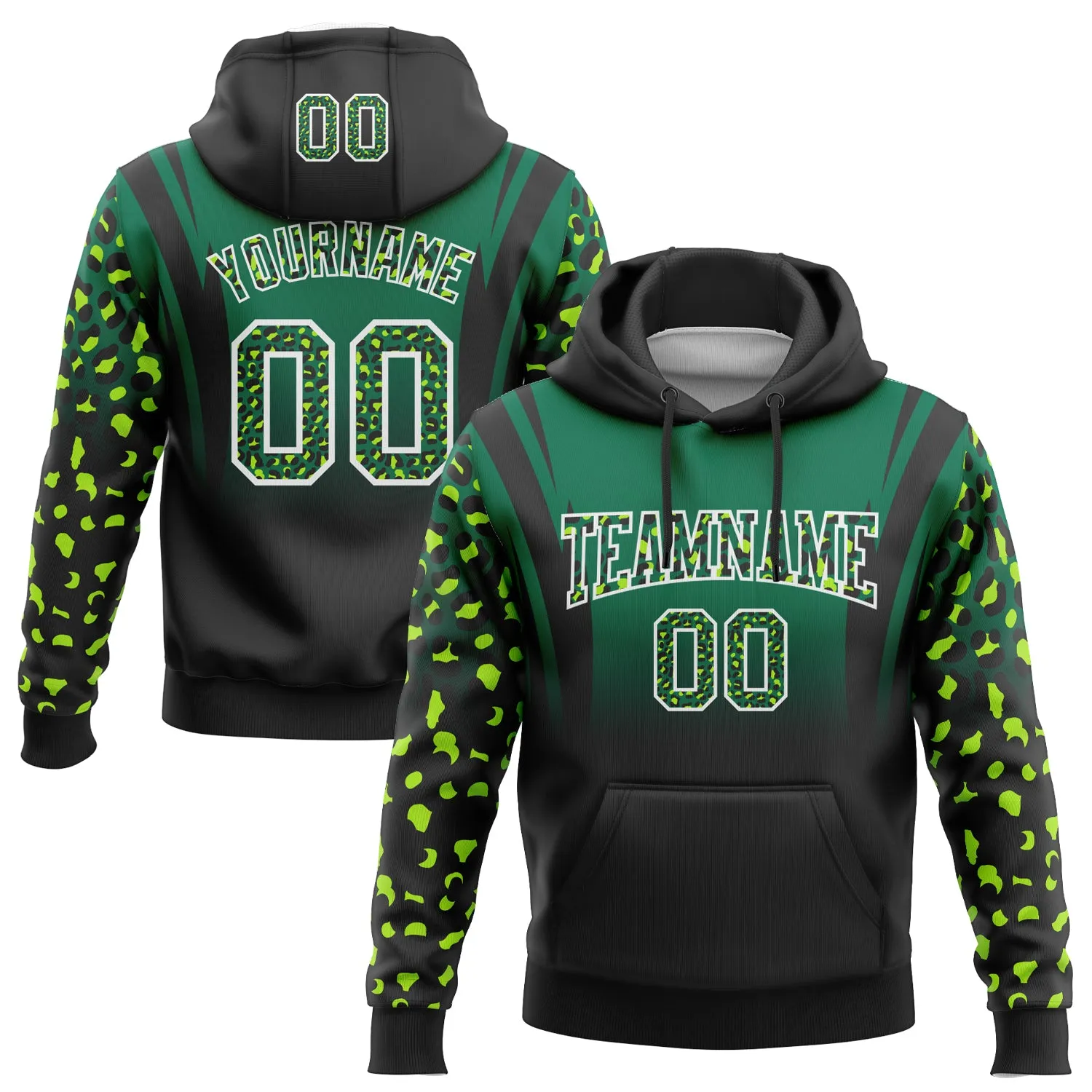 Custom Stitched Kelly Green Black-White Fade Fashion Leopard Print Sports Pullover Sweatshirt Hoodie