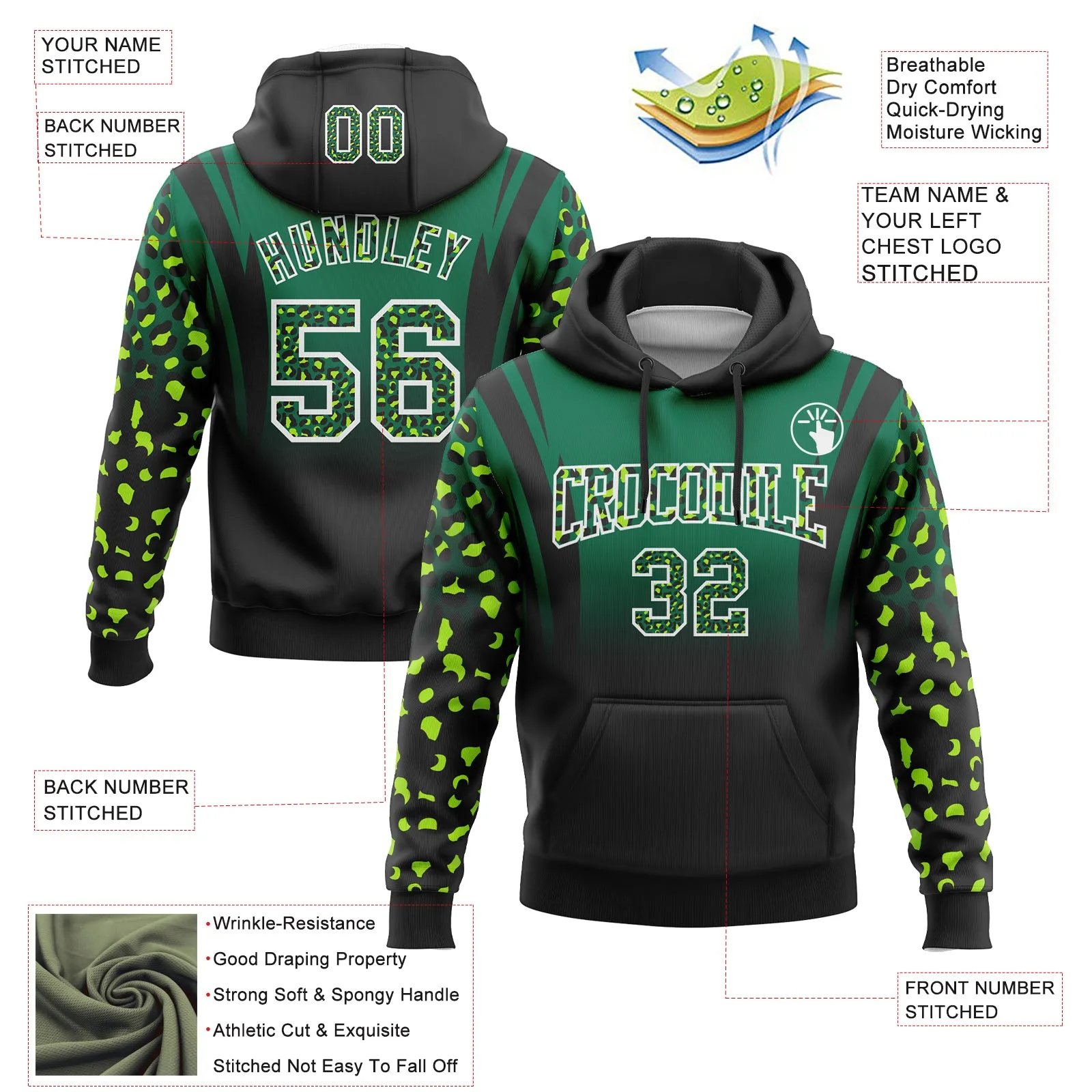 Custom Stitched Kelly Green Black-White Fade Fashion Leopard Print Sports Pullover Sweatshirt Hoodie