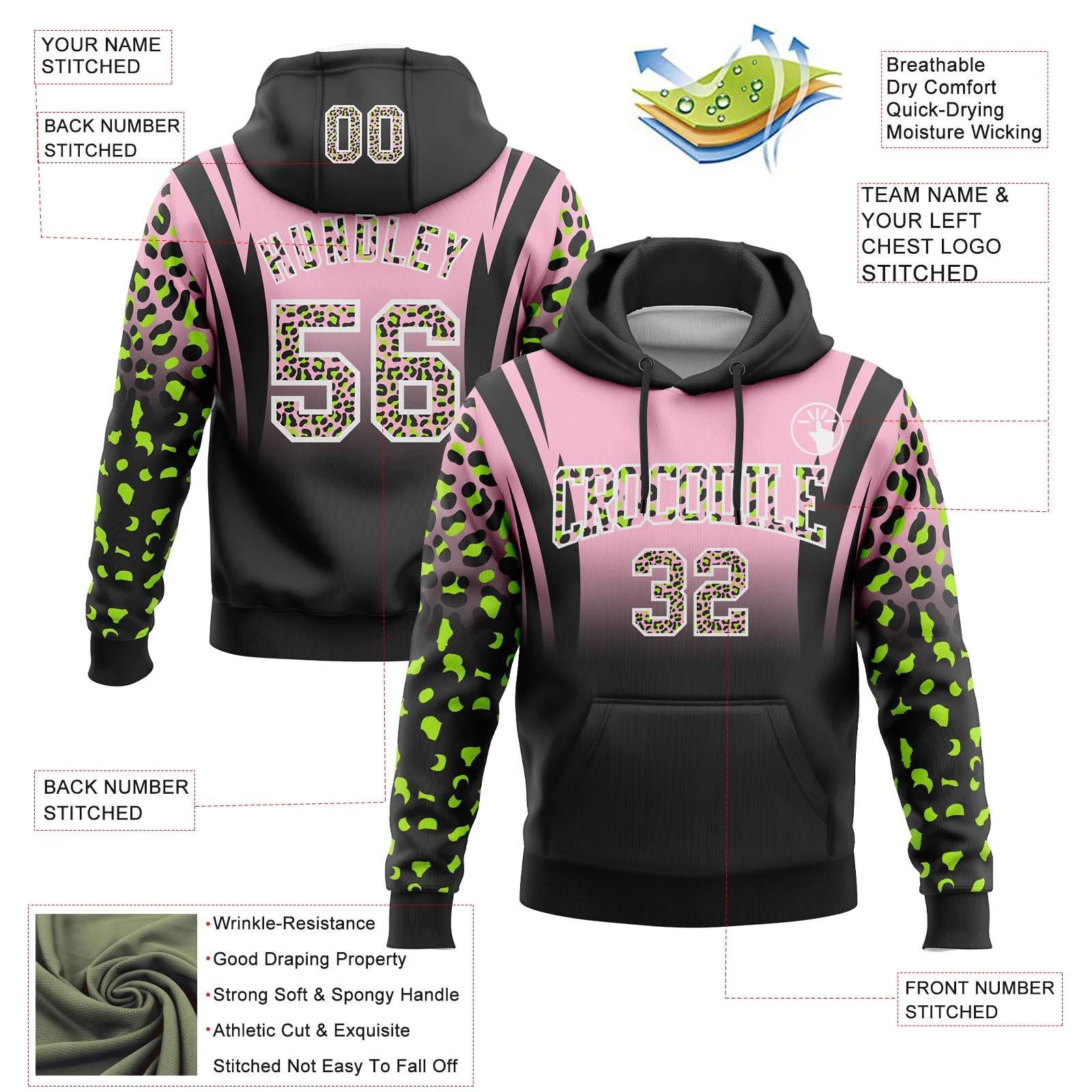 Custom Stitched Light Pink Black-White Fade Fashion Leopard Print Sports Pullover Sweatshirt Hoodie