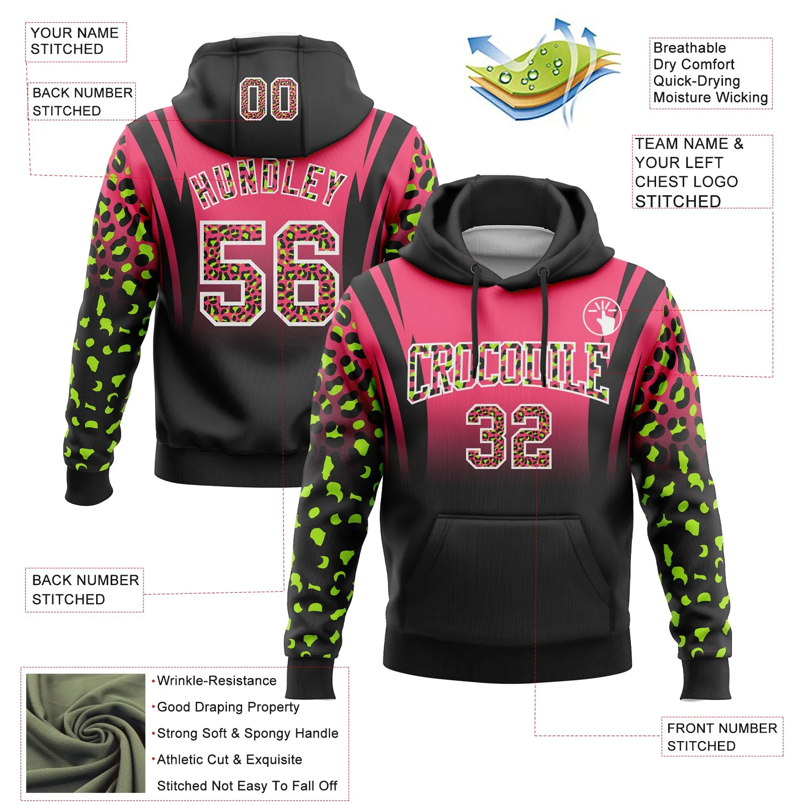 Custom Stitched Neon Pink Black-White Fade Fashion Leopard Print Sports Pullover Sweatshirt Hoodie