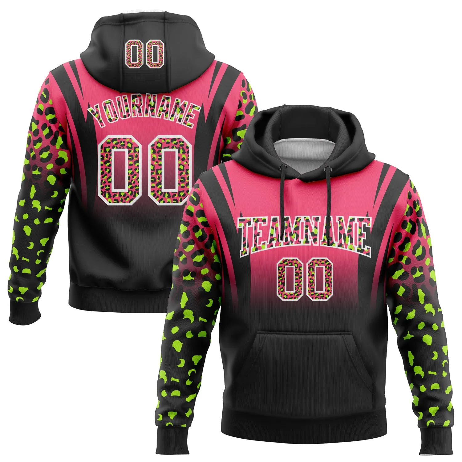 Custom Stitched Neon Pink Black-White Fade Fashion Leopard Print Sports Pullover Sweatshirt Hoodie