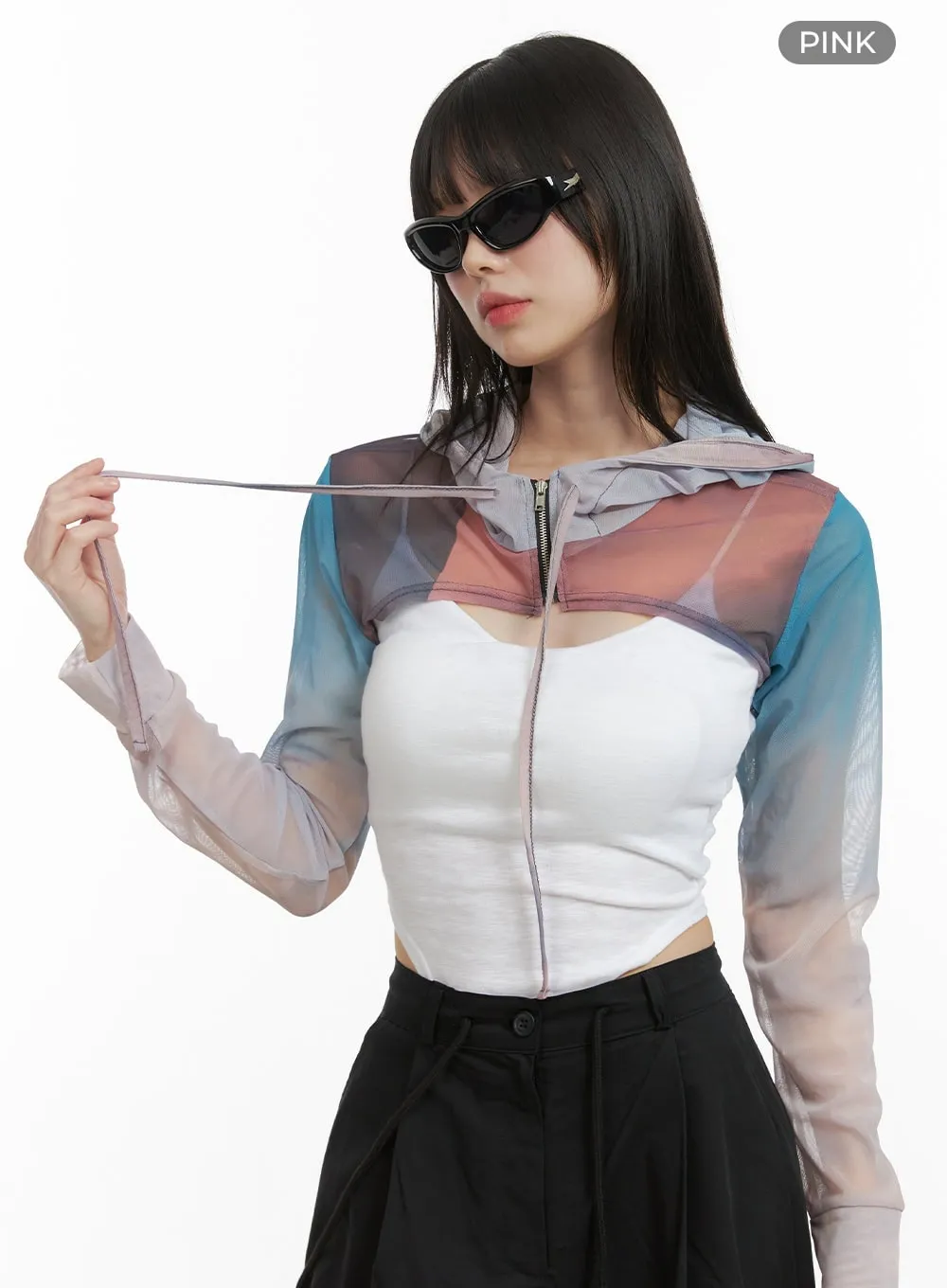 Gradient Graphic Mesh Hooded Bolero CY414