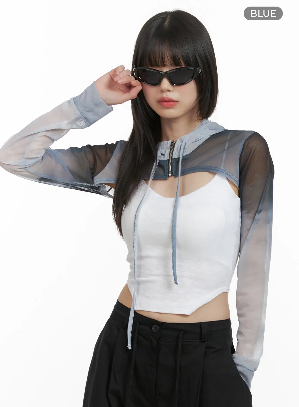 Gradient Graphic Mesh Hooded Bolero CY414