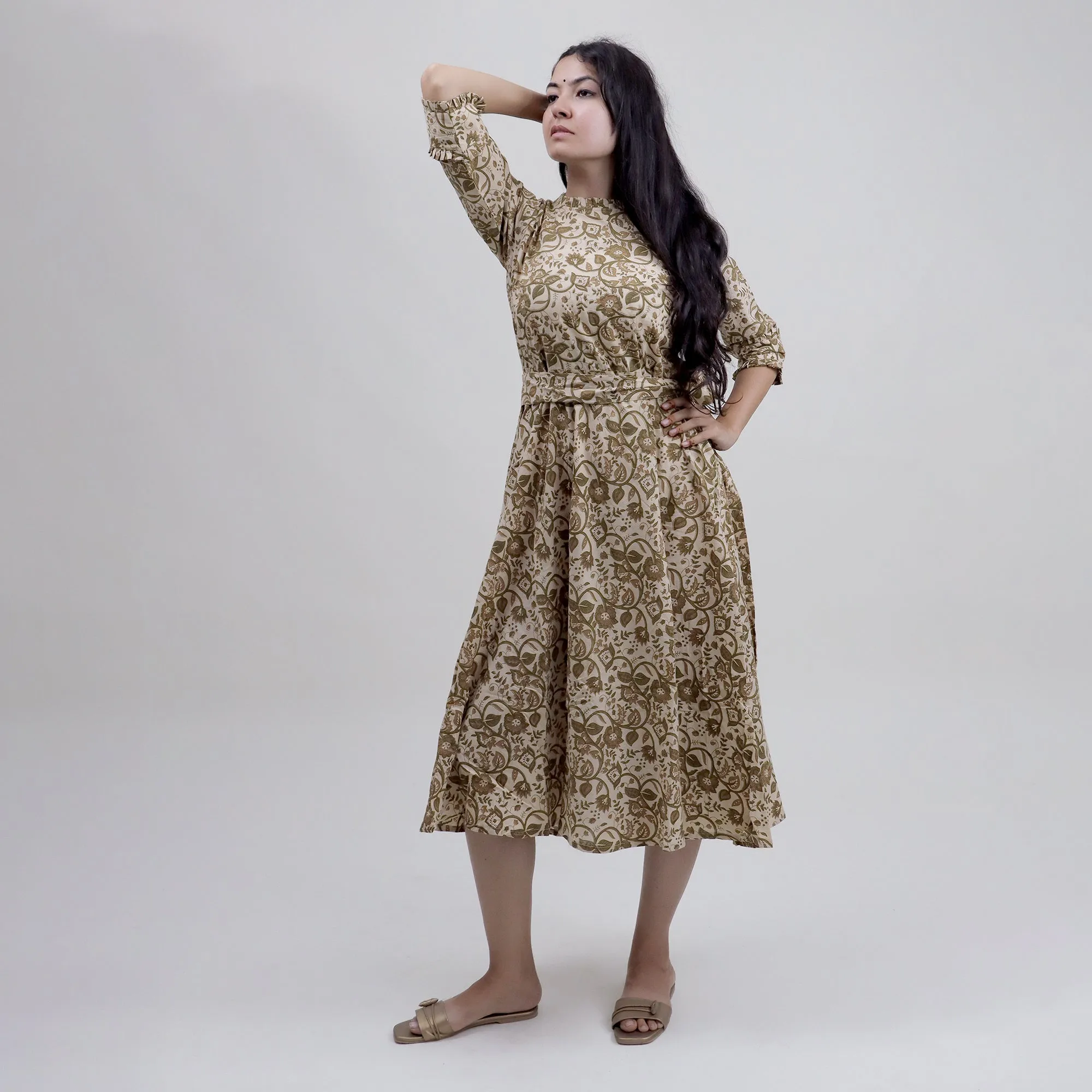 Hand Block Brown Floral Prnted Soft Cotton New Model Midi Dress