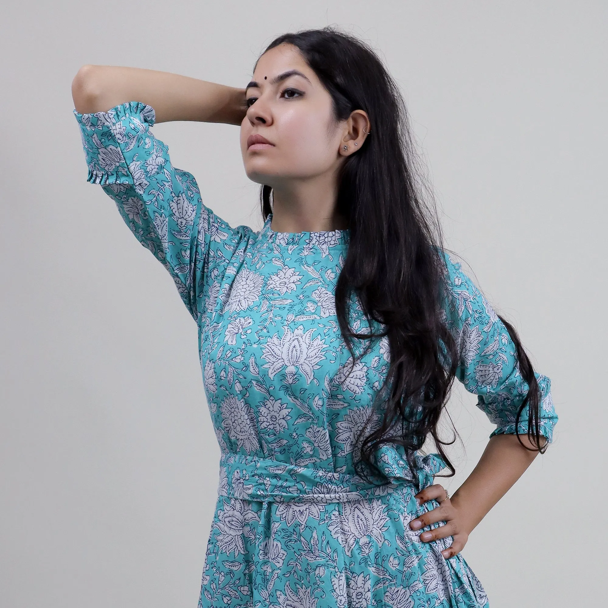 Hand Block Sky Blue Floral Printed Soft Cotton MIdi Dresses For Women