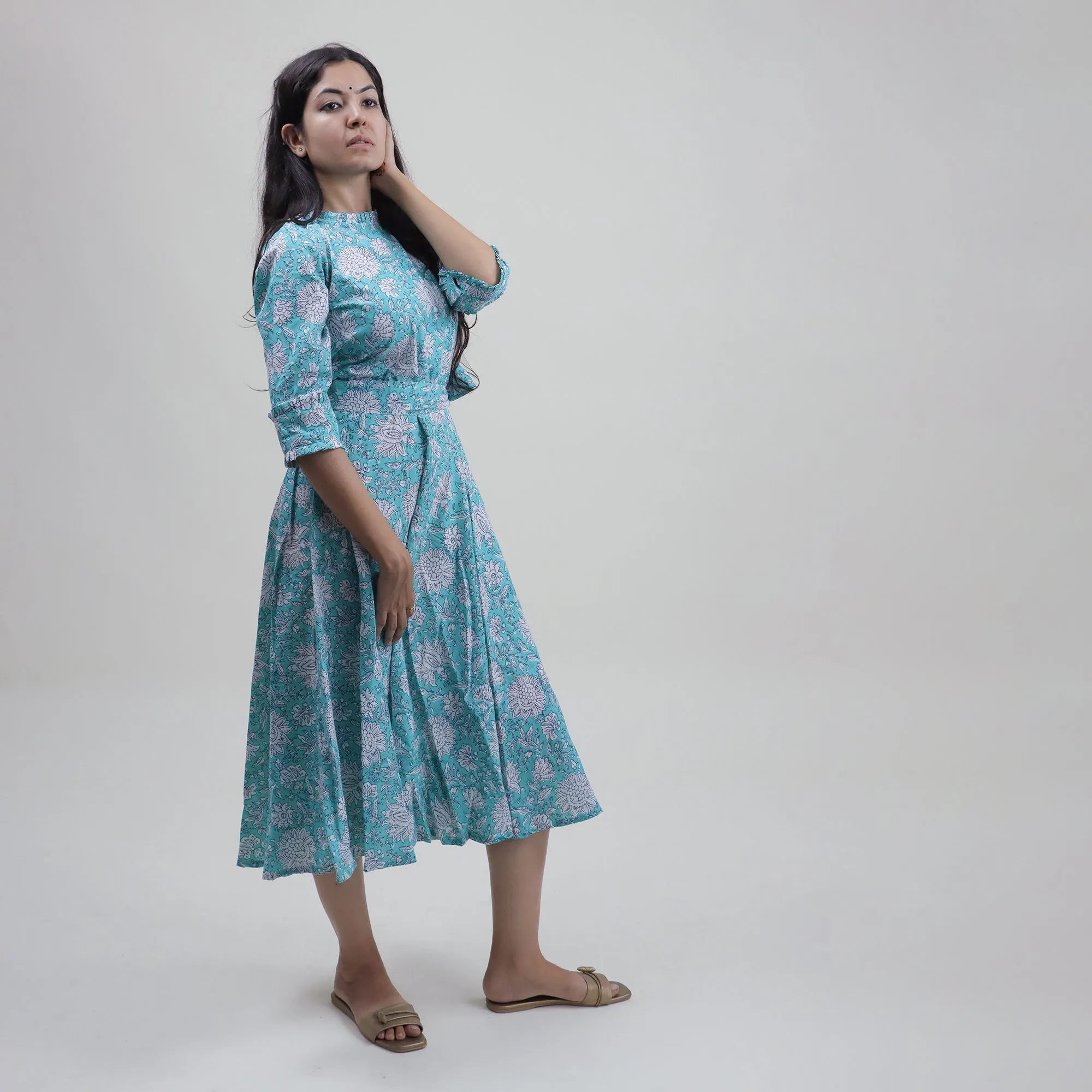 Hand Block Sky Blue Floral Printed Soft Cotton MIdi Dresses For Women