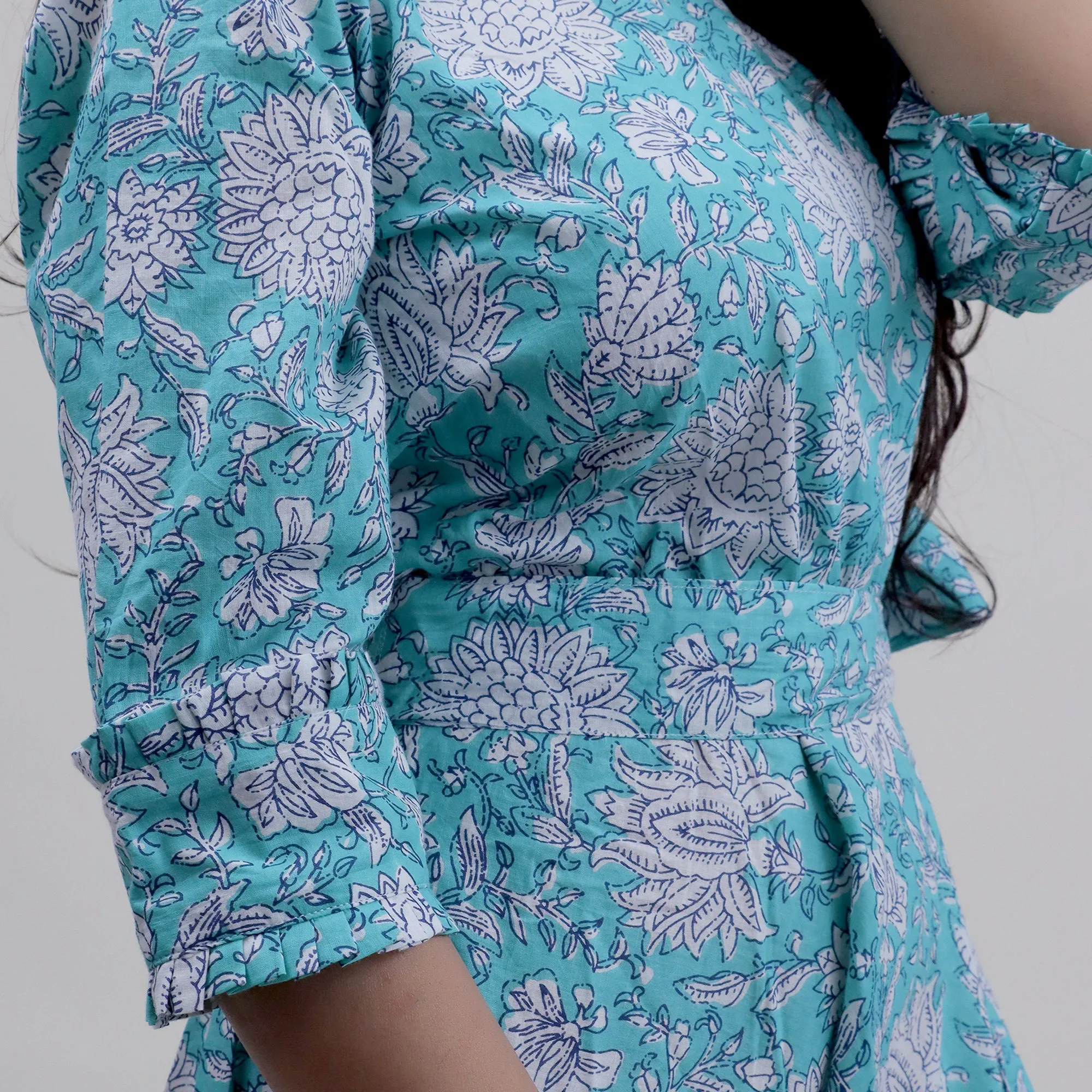 Hand Block Sky Blue Floral Printed Soft Cotton MIdi Dresses For Women