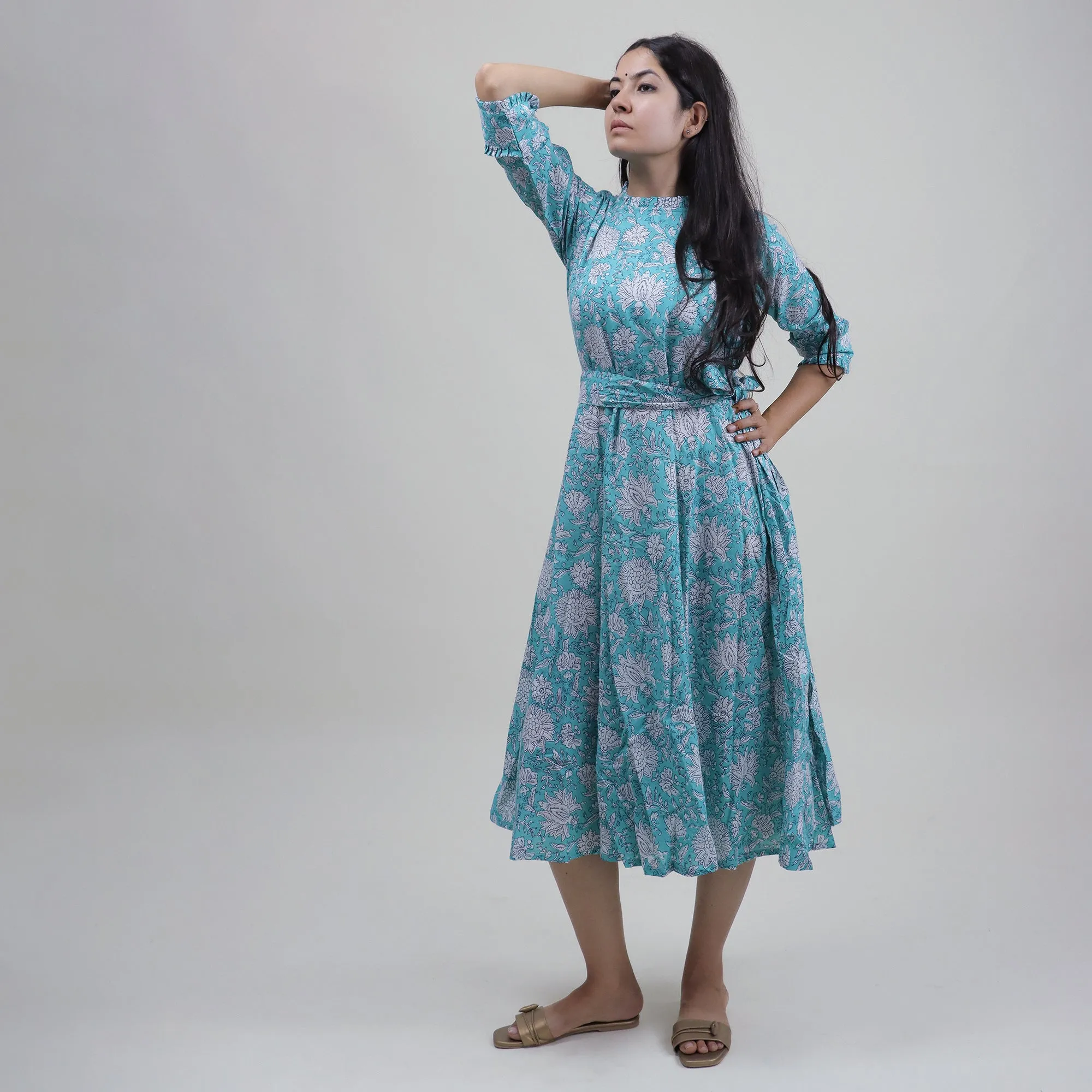 Hand Block Sky Blue Floral Printed Soft Cotton MIdi Dresses For Women