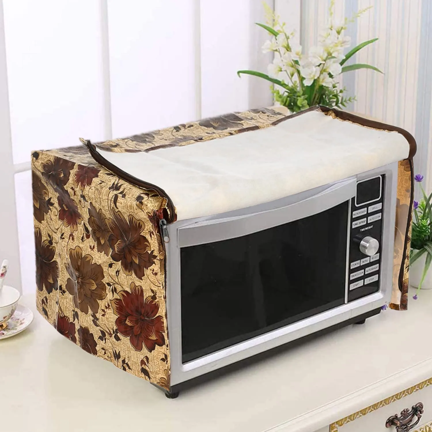 Heart Home PVC Flower Printed Microwave Oven Cover, Dustproof Machine Protector Cover,23 LTR. (Brown)-50HH01267