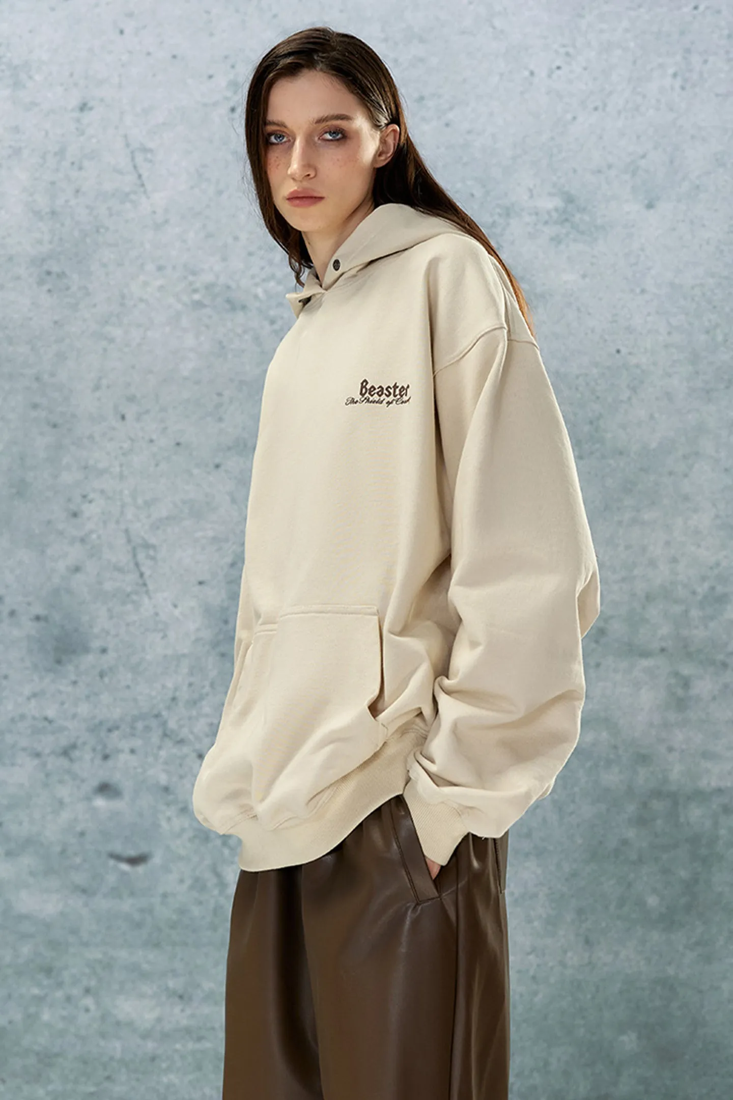 Letter Foam Print Hoodie-Beige