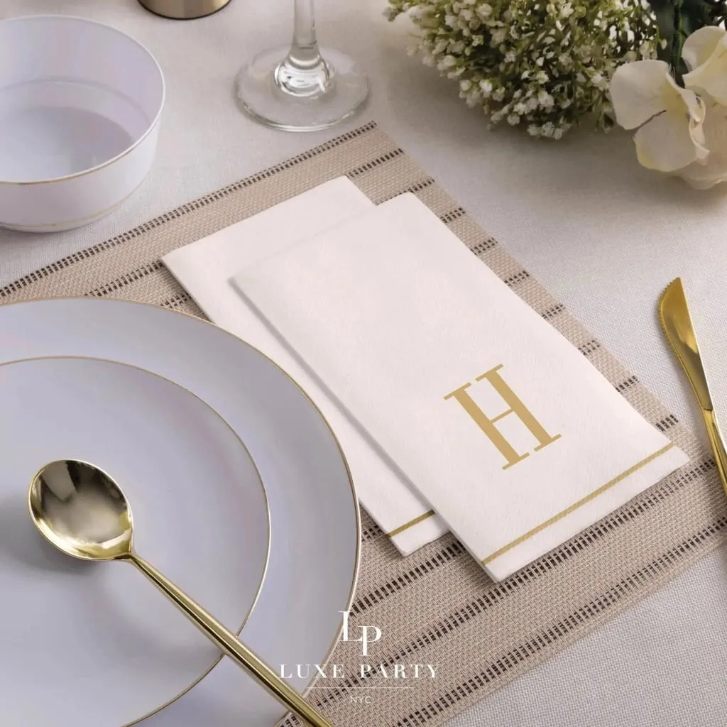 Luxe Party White/Gold H - Bodoni Initial Guest Paper Napkins 14pc