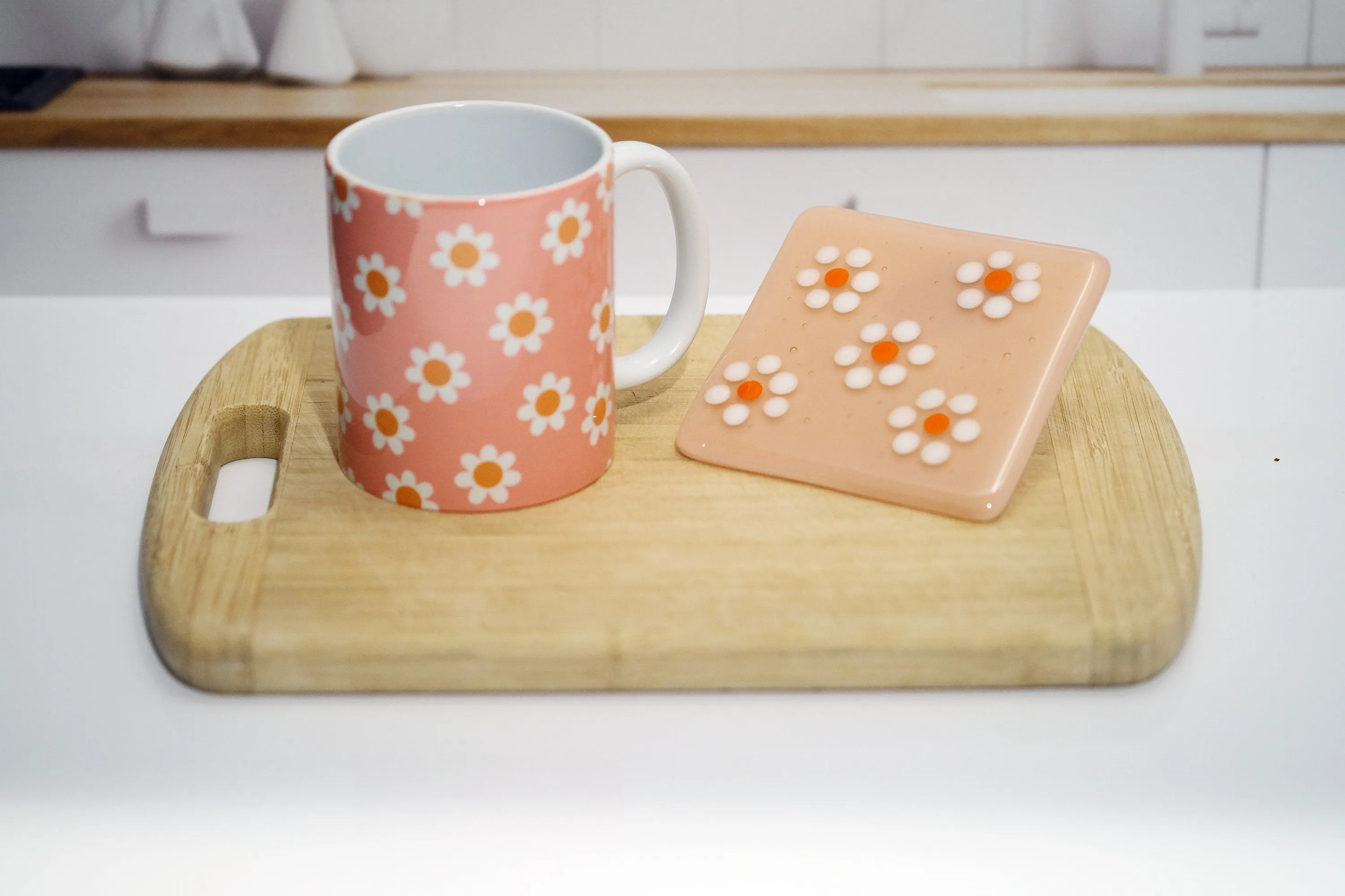 Peachy Ceramic Mug & White Flowers Coaster Set - 10 Ounce Mug, 4 Inch Square Coasters