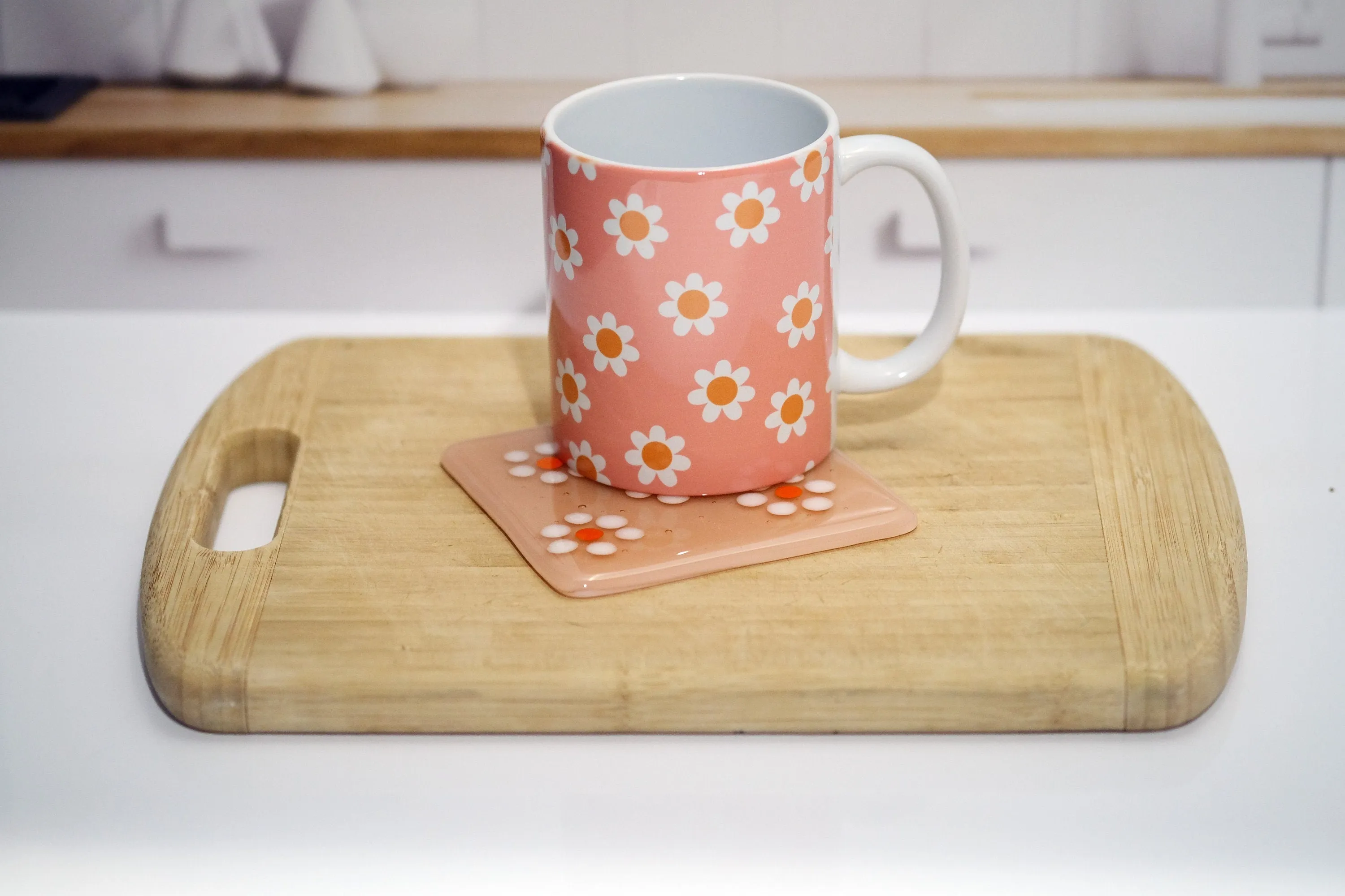 Peachy Ceramic Mug & White Flowers Coaster Set - 10 Ounce Mug, 4 Inch Square Coasters