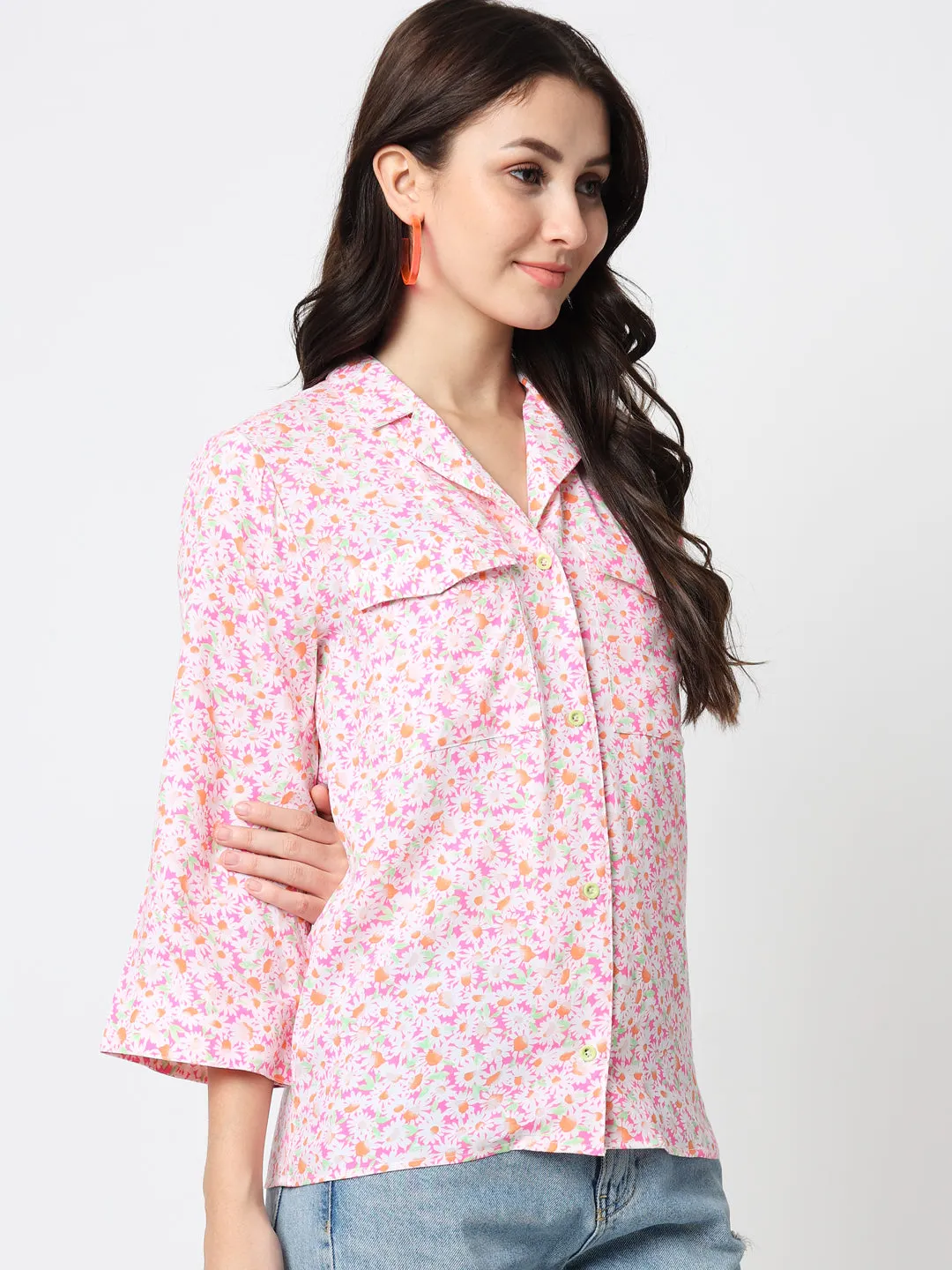 Pink Floral Print Shirt Style Top