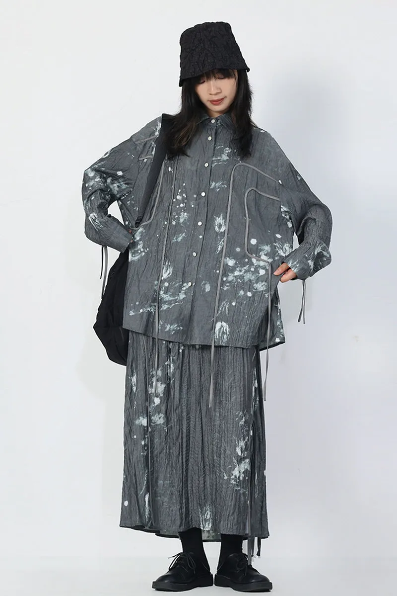 Printed Shirt Skirt Set Mid-Length Long Sleeve Chinese Style Design