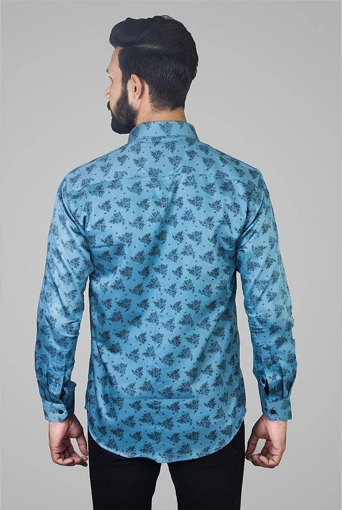 Printed Shirts for Men - 100% Men's Blue Giza Print Shirt