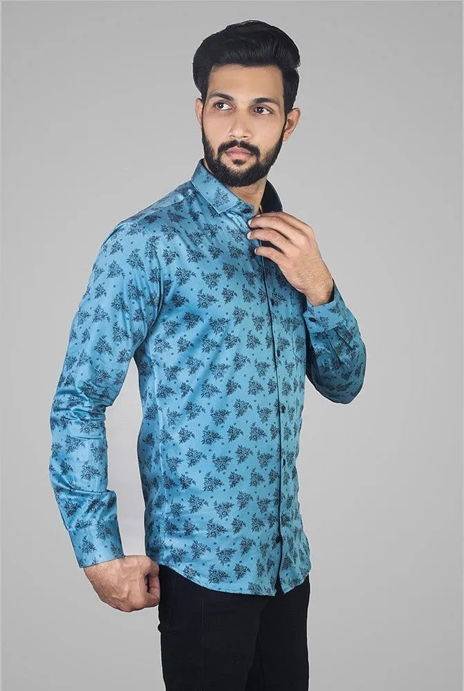 Printed Shirts for Men - 100% Men's Blue Giza Print Shirt