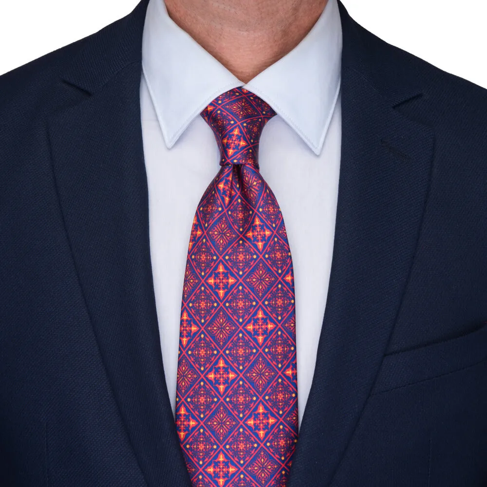 Red and Blue Medieval Mosaic Duchesse Silk Tie