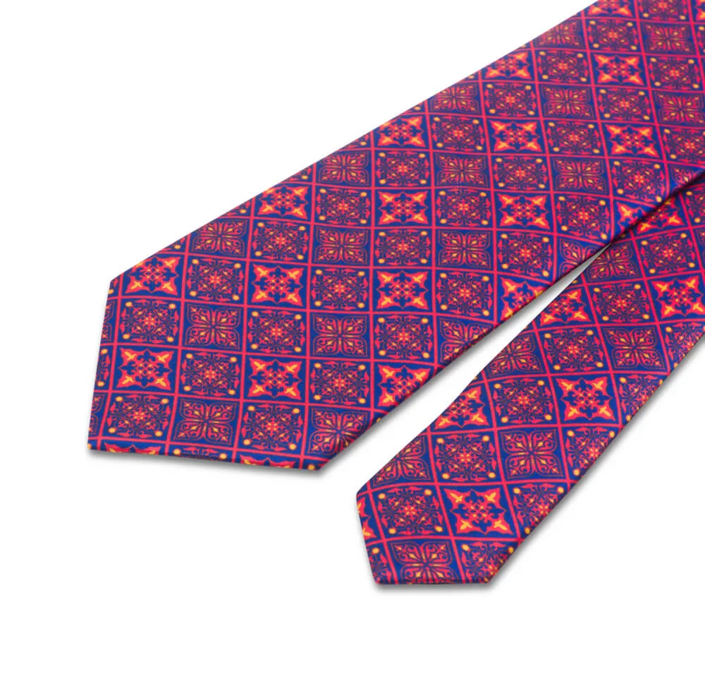 Red and Blue Medieval Mosaic Duchesse Silk Tie