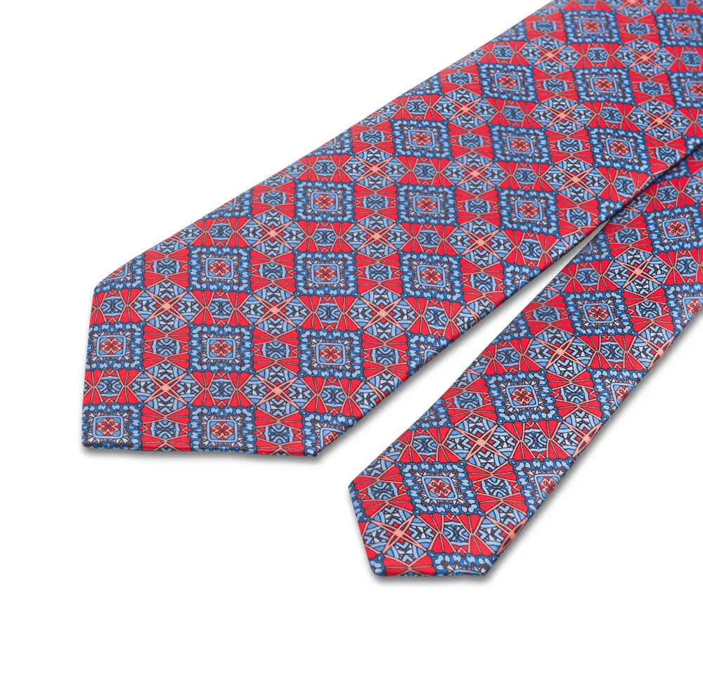 Red and Light Blue Medieval Art Duchesse Silk Tie