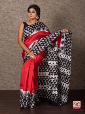 Red Par Anchal Block Printed Murshidabad Silk Saree